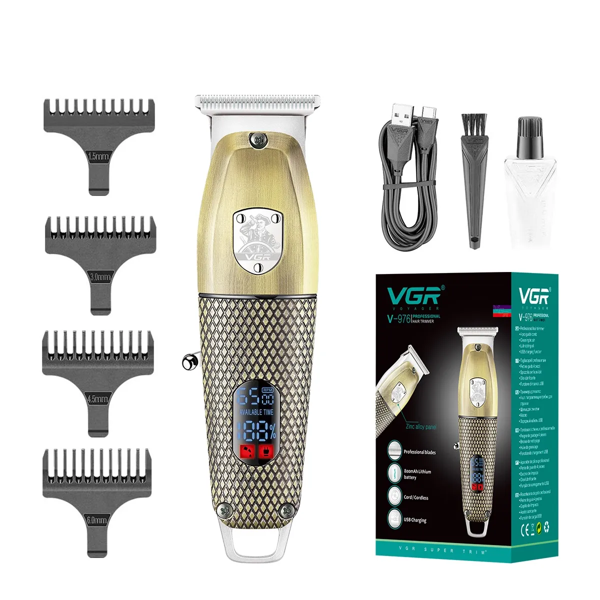 VGR V-976 Tondeuse à cheveux professionnelle rechargeable sans fil 6500 tr/min 150 minutes d'autonomie - OR
