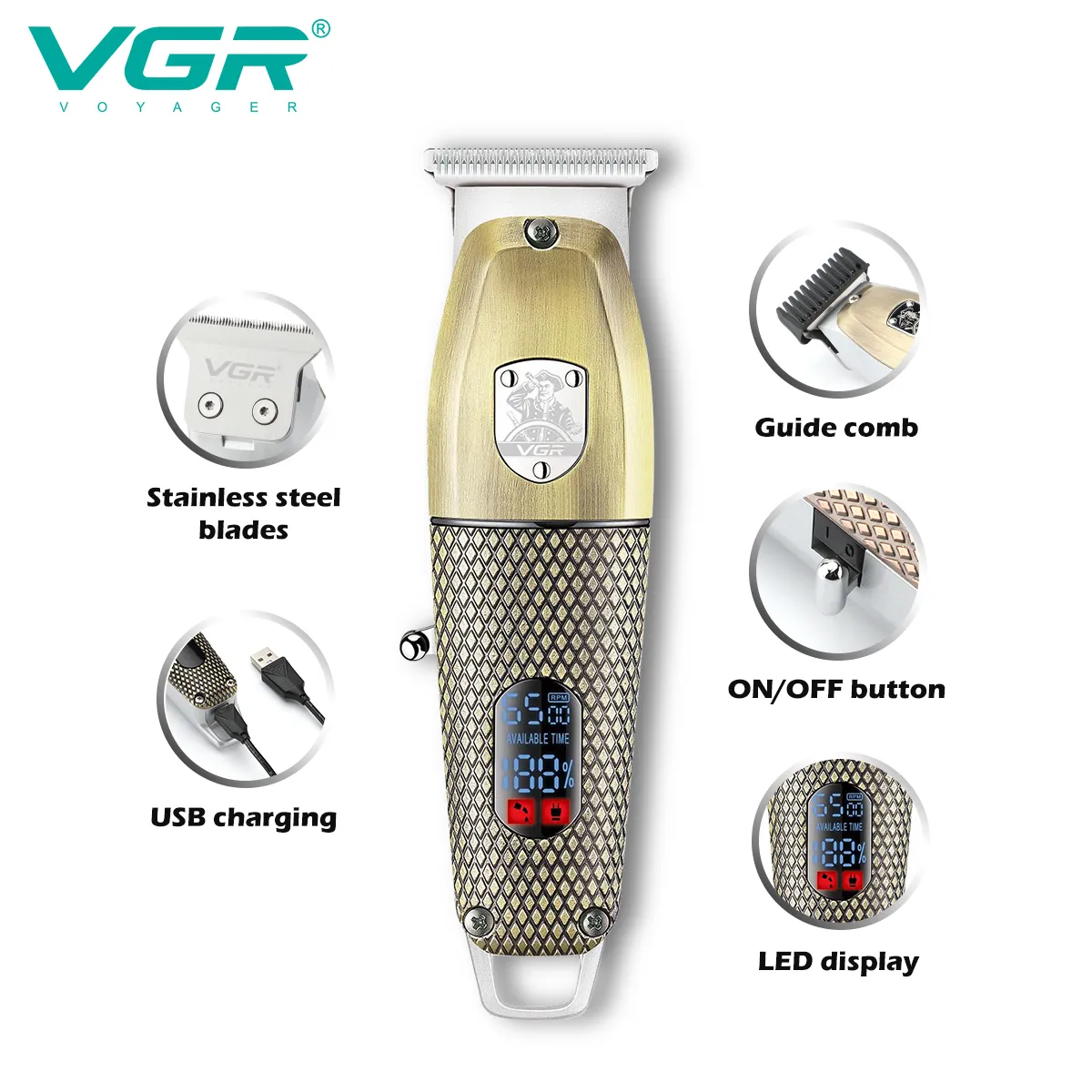 VGR V-976 Tondeuse à cheveux professionnelle rechargeable sans fil 6500 tr/min 150 minutes d'autonomie - OR – Image 4