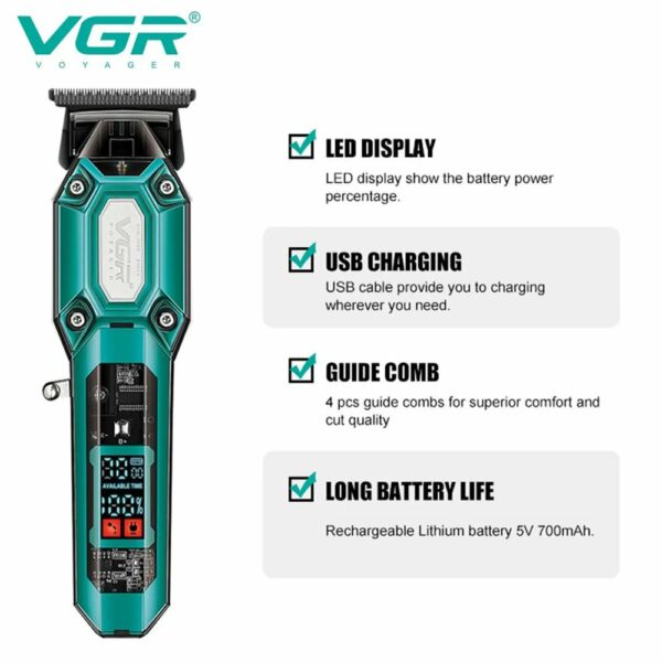 Tondeuse à cheveux professionnelle VGR V-600 avec levier conique et écran LED – Image 2