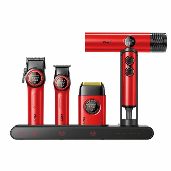 Kit combiné 4-en-1 VGR Mr. SUPER POWER Stepless Pro pour salon de coiffure, Rouge