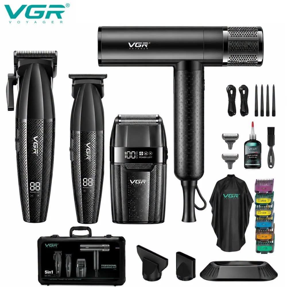 Ensemble professionnel de coupe de cheveux 4-en-1 VGR V-640 S4 Pro – Couleur noire.